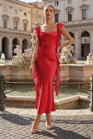 Pink - Sheath Cowl Neck Satin Pleated Formal Prom Dresses With Ruffles - KissProm
