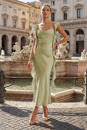 Pink - Sheath Cowl Neck Satin Pleated Formal Prom Dresses With Ruffles - KissProm
