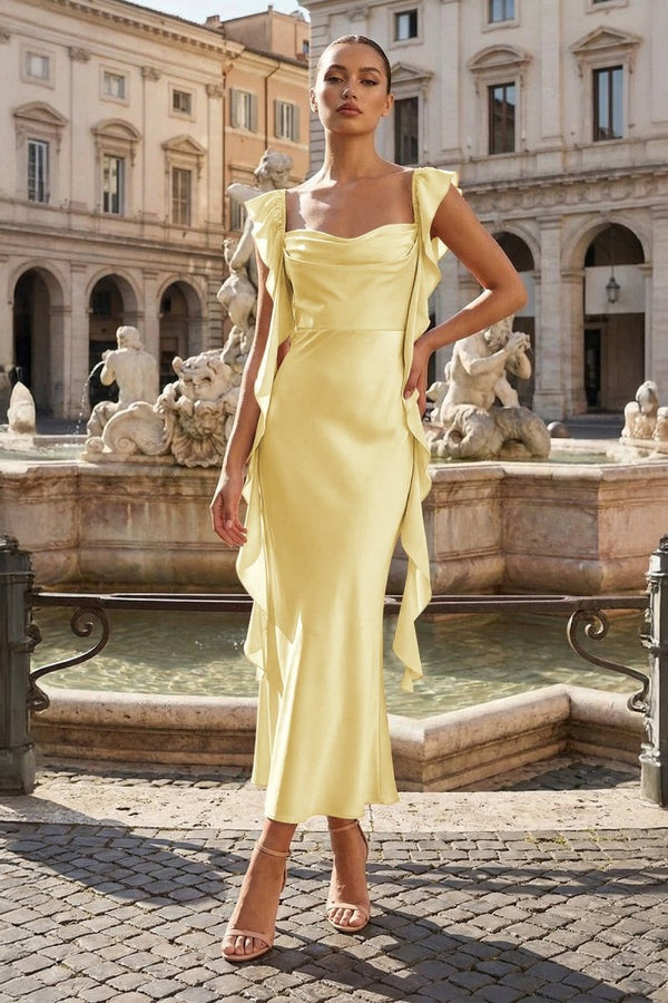 Pink - Sheath Cowl Neck Satin Pleated Formal Prom Dresses With Ruffles - KissProm