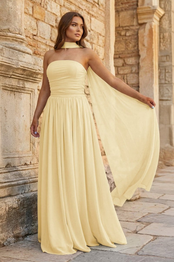 Sky Blue Strapless Chiffon Pleated A Line Long Prom Dresses With Scarf - KissProm