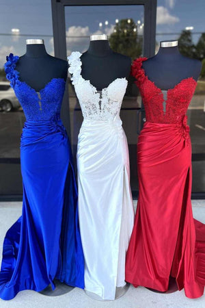 Mandel|Red One - Shoulder 3D Floral Lace Pleated Long Gown with Slit - KissProm