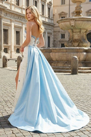 White Strapless A - Line Beads Side Slit Formal Prom Dress With Train - KissProm
