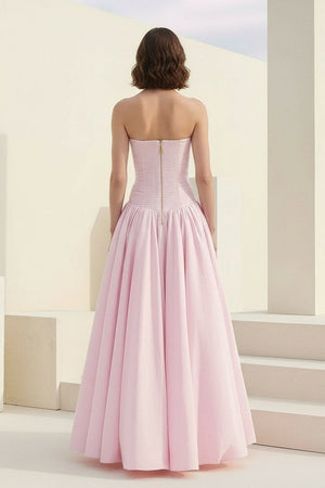 Marvane | Pink - Strapless A Line Satin Pleated Prom Dresses With Slit - KissProm