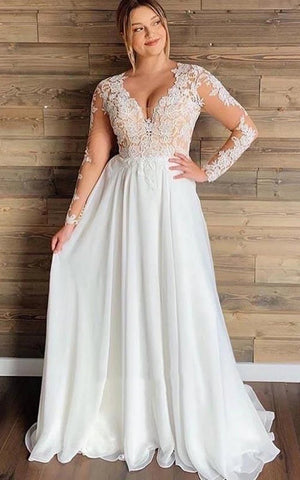Mature Floral Long Sleeve A-Line Lace Wedding Dress – Wedding Dresses by KissProm | Available at KissProm