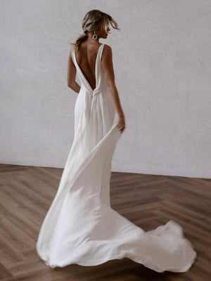Mermaid Deep V-Neck Backless White Wedding Dress – Wedding Dresses by KissProm | Available at KissProm