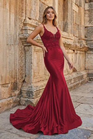 Mermaid Deep V Neck Satin Long Prom Dress with Appliques - KissProm