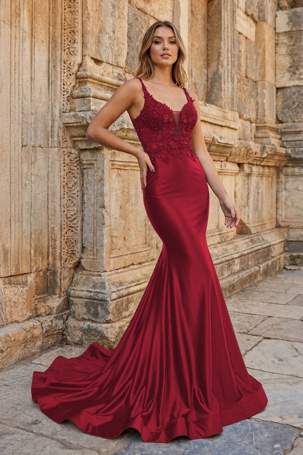 Mermaid Deep V Neck Satin Long Prom Dress with Appliques - KissProm