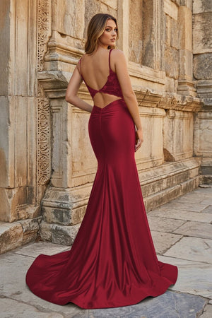 Mermaid Deep V Neck Satin Long Prom Dress with Appliques - KissProm