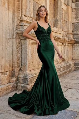 Mermaid Deep V Neck Satin Long Prom Dress with Appliques - KissProm
