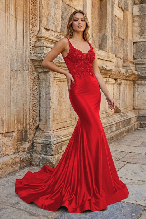 Mermaid Deep V Neck Satin Long Prom Dress with Appliques - KissProm
