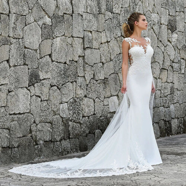 Mermaid Illusion Lace Appliqued Wedding Dress - KissProm