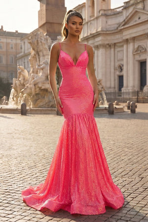 Mermaid Orange Spaghetti Straps Sequins Prom Dress - KissProm