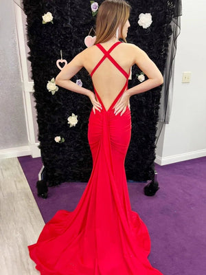 Angela |Mermaid Pink V Neck Backless Satin Long Prom Dress - KissProm