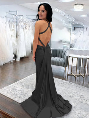 Angela |Mermaid Pink V Neck Backless Satin Long Prom Dress - KissProm