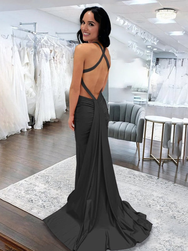 Angela |Mermaid Pink V Neck Backless Satin Long Prom Dress - KissProm