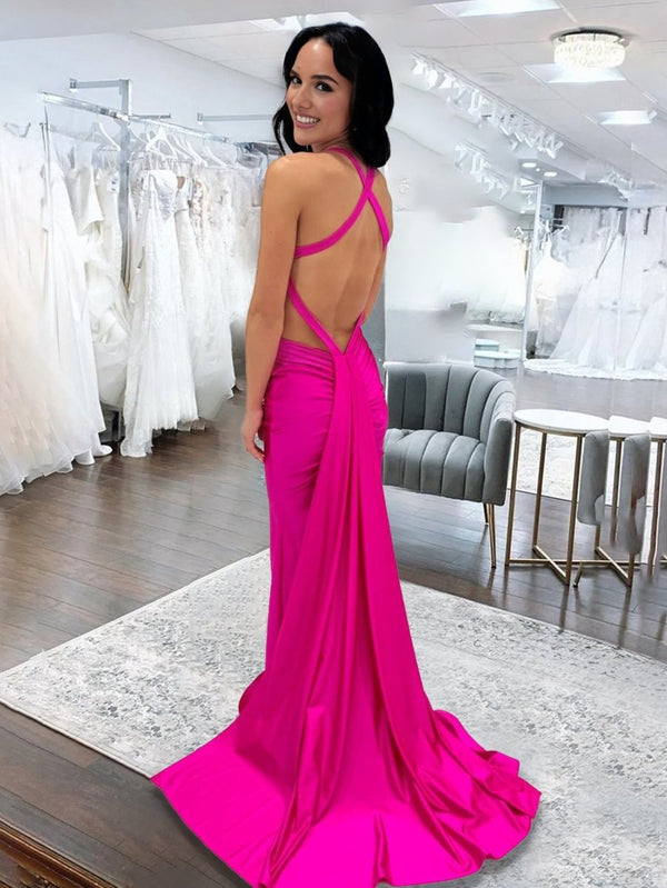 Angela |Mermaid Pink V Neck Backless Satin Long Prom Dress - KissProm