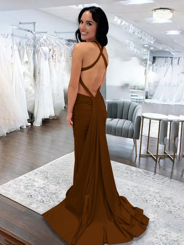 Angela |Mermaid Pink V Neck Backless Satin Long Prom Dress - KissProm