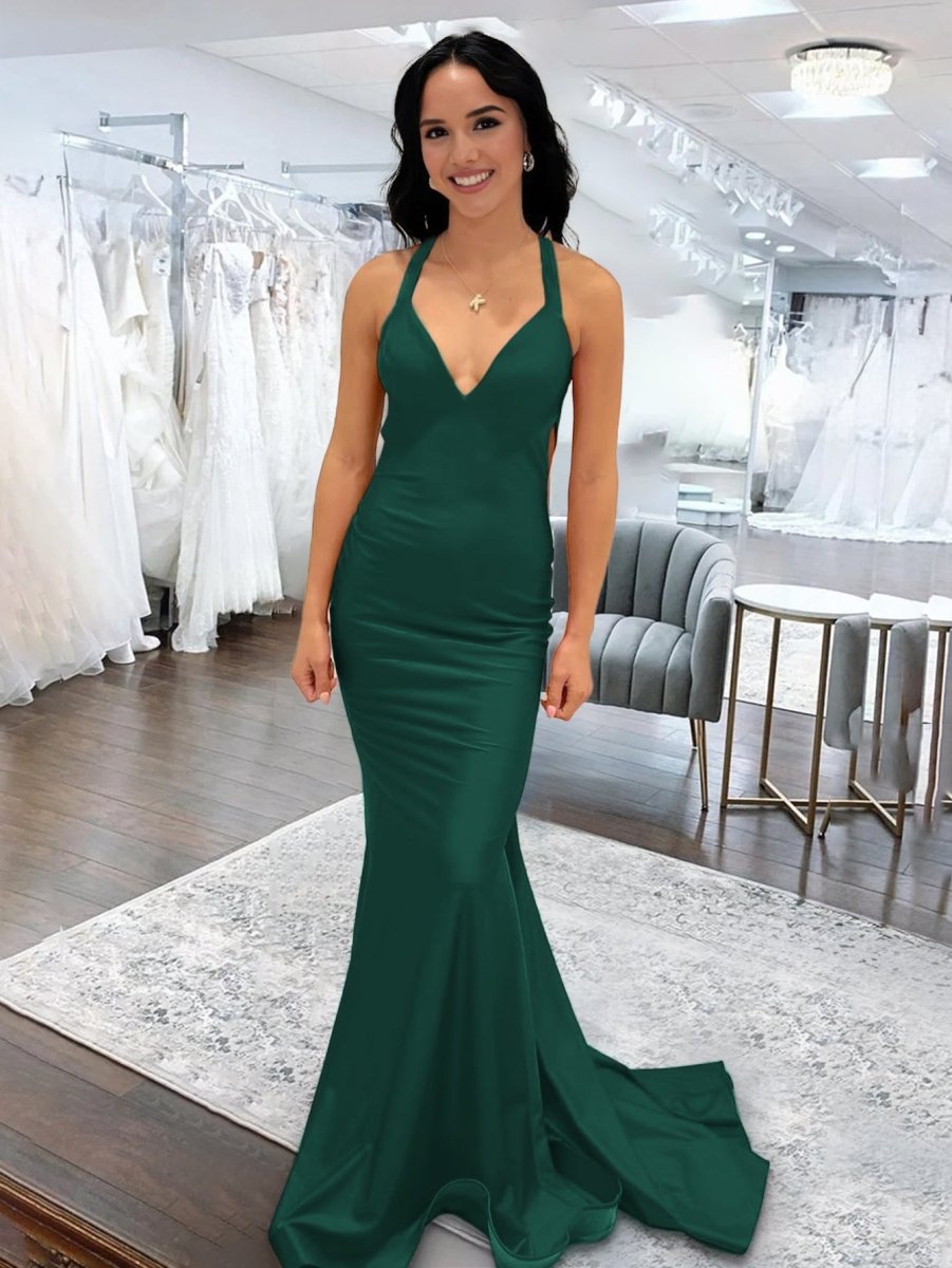 Angela |Mermaid Pink V Neck Backless Satin Long Prom Dress - KissProm