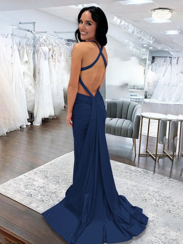 Angela |Mermaid Pink V Neck Backless Satin Long Prom Dress - KissProm