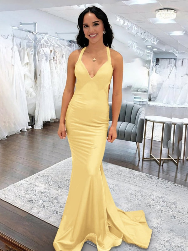 Angela |Mermaid Pink V Neck Backless Satin Long Prom Dress - KissProm