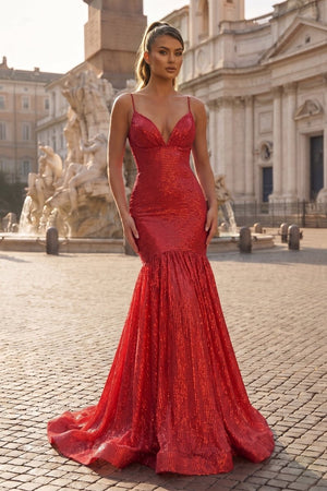 Mermaid Orange Spaghetti Straps Sequins Prom Dress - KissProm