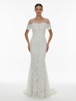 Mermaid Scoop Illusion Neck Floral Wedding Dress - KissProm