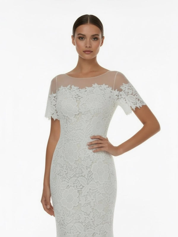 Mermaid Scoop Illusion Neck Floral Wedding Dress - KissProm