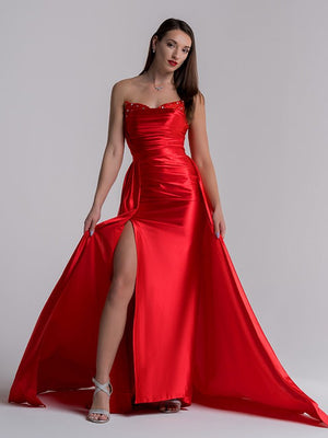 Sasha | Mermaid Evening Gown Sexy Dress Prom Court Train Sleeveless Strapless Satin with Slit Pure Color