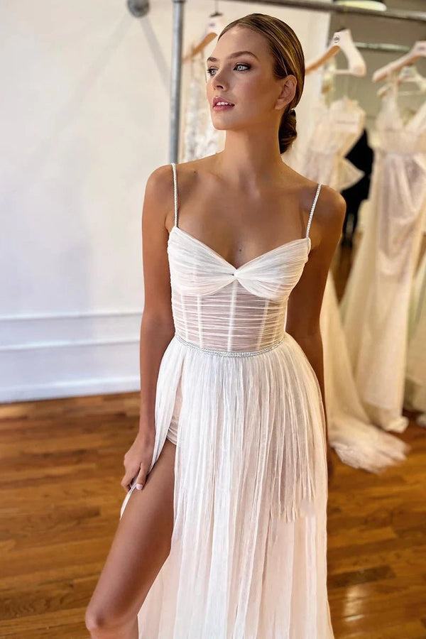 Spgahetti Straps Pleats High Split Bohemian Wedding Dress