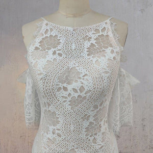 Mermaid White Halter Neck Lace Wedding Dress - KissProm