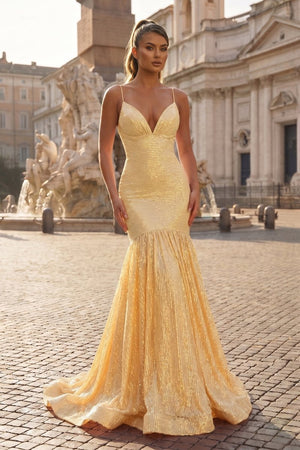 Mermaid Orange Spaghetti Straps Sequins Prom Dress - KissProm