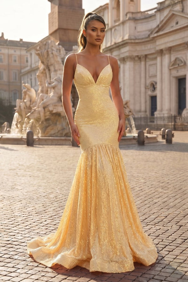 Mermaid Orange Spaghetti Straps Sequins Prom Dress - KissProm