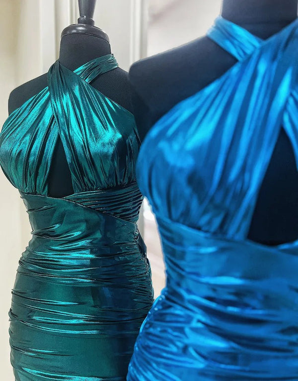 Metallic Emerald Green Halter Tight Satin Homecoming Dress - KissProm