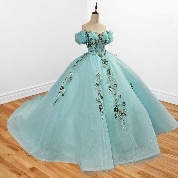 Mint Green Off Shoulder Court Train Quinceañera Dress