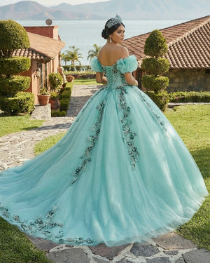 Mint Green Off Shoulder Court Train Quinceañera Dress - KissProm