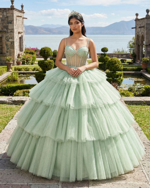Sage Green Luxury Tiered Tulle Ruffles Beaded Ball Gown Quinceanera Dress - KissProm