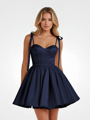 Navy Blue – Spaghetti Straps Satin Pleated A-Line Homecoming Dress with Bow – Homecoming Dress by KissProm | Available at KissProm