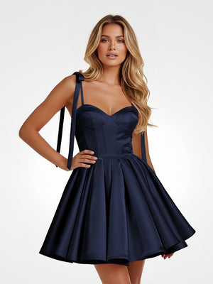 Navy Blue – Spaghetti Straps Satin Pleated A-Line Homecoming Dress with Bow – Homecoming Dress by KissProm | Available at KissProm