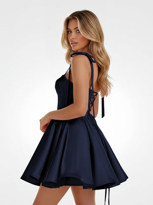 Navy Blue – Spaghetti Straps Satin Pleated A-Line Homecoming Dress with Bow – Homecoming Dress by KissProm | Available at KissProm