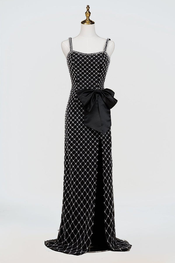 Mirielle | Black - Spaghetti Straps Sheath Satin Beaded Formal Prom Dresses With Bowknot - KissProm