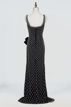 Mirielle | Black - Spaghetti Straps Sheath Satin Beaded Formal Prom Dresses With Bowknot - KissProm