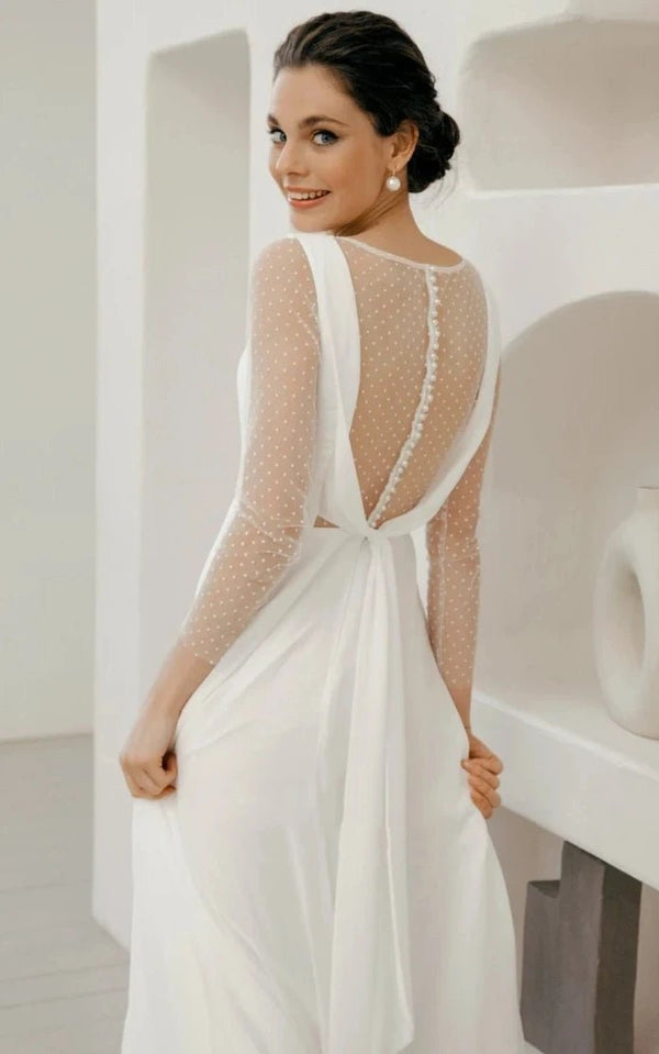 A-Line Chiffon Maxi Wedding Dress Minimalist Sleeved Pearl Button Low Back Bridal Gown