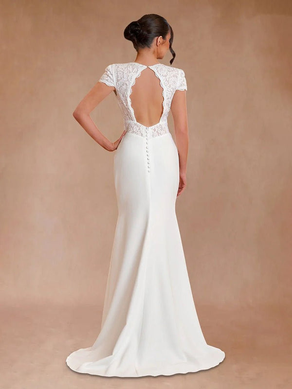 Modest Simple Sheath Short Sleeve Empire Floor - Length Sweep Train Chiffon V - neck Wedding Dress - KissProm