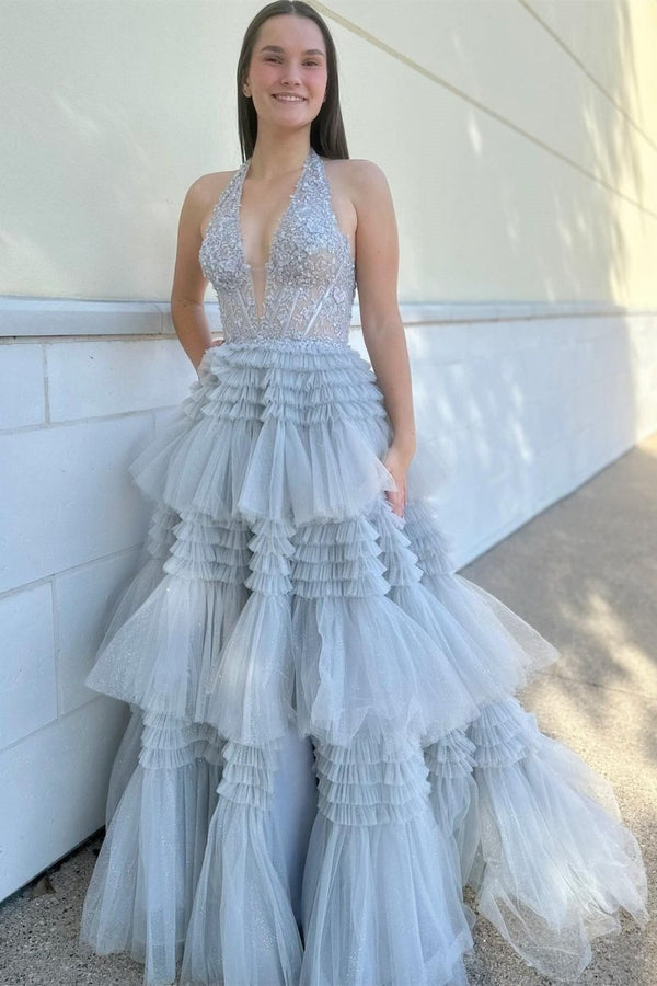 Morton|Red Tulle Appliques Halter Ruffle Tiered Ball Gown