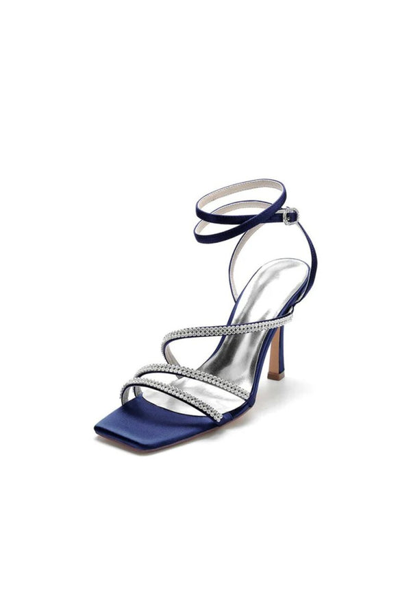 Multi Crystal Straps Square Open Toe Chunky Heels - KissProm