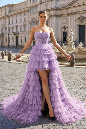 Black Strapless High Low Ruffles Tulle Prom Dress - KissProm