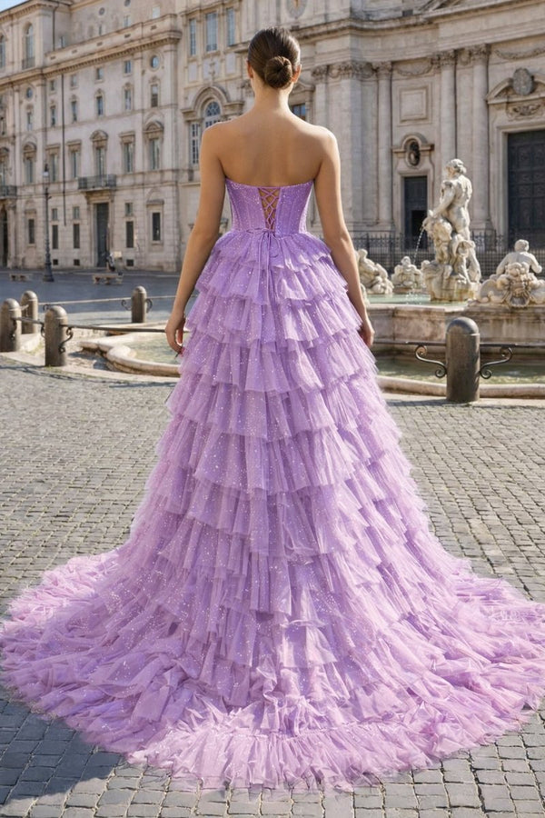 Black Strapless High Low Ruffles Tulle Prom Dress - KissProm