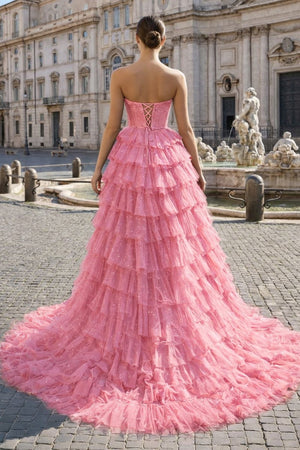 Black Strapless High Low Ruffles Tulle Prom Dress - KissProm