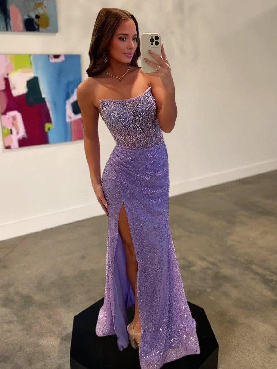 Strapless Mermaid Long Sequins Prom Dress With Split – Prom Dress by KissProm | Available at KissProm