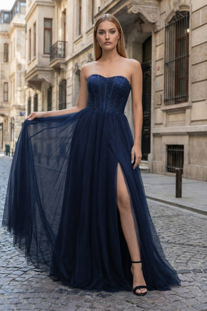 A - Line Sweetheart Beads Empire - Waist Sleeveless Prom Dress With Slit - KissProm